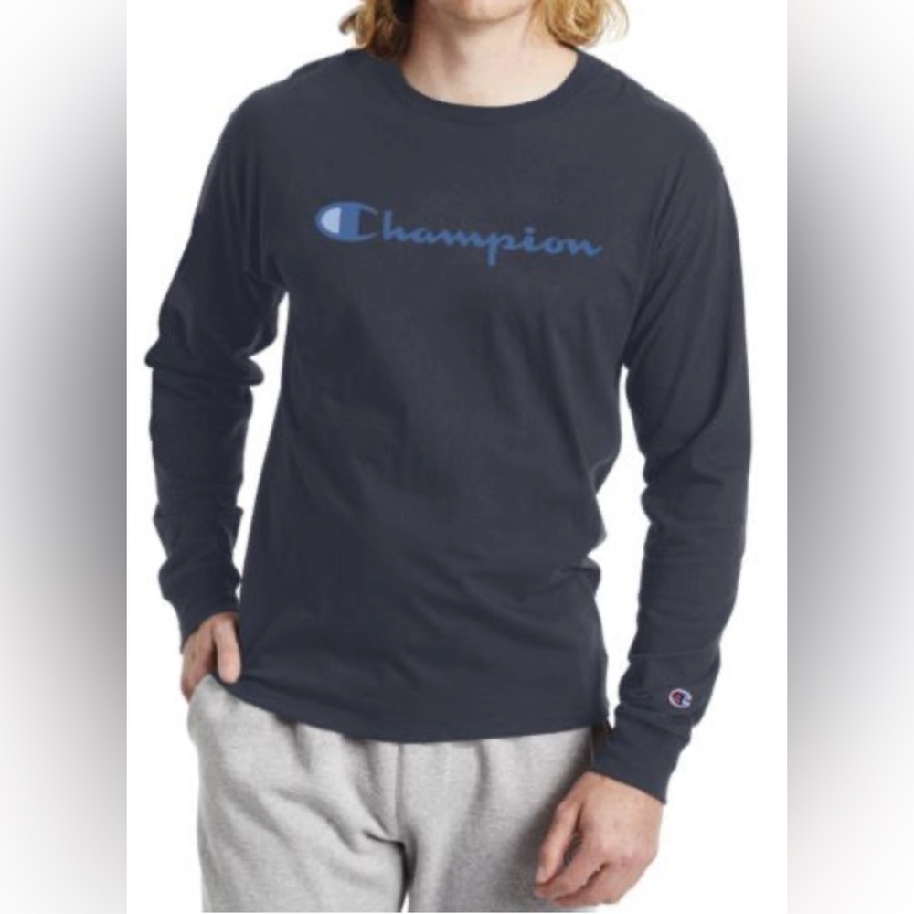 Champion T Shirt Mens Medium Blue Graphic Crew Neck Long Sleeve Cotton